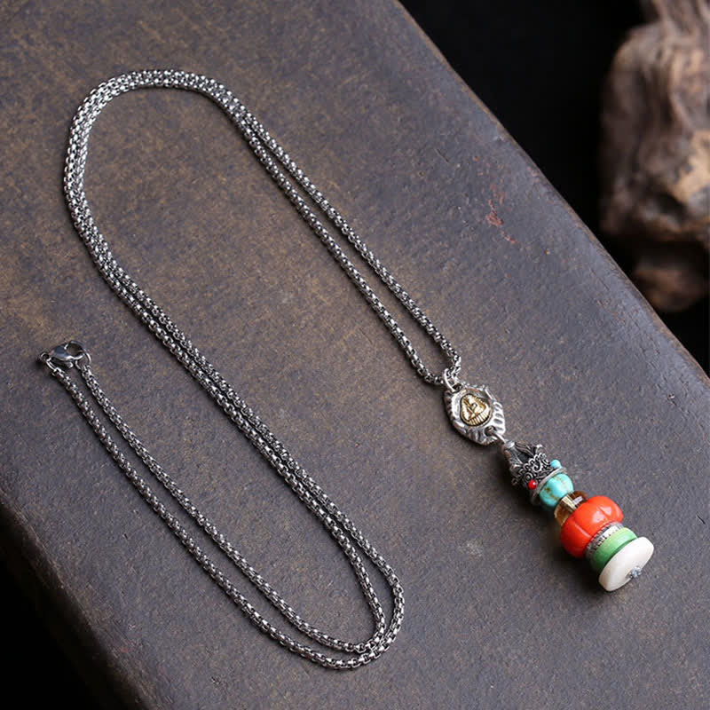 Buddha Stones Tibetan Mani Stone Heap Design Formless Buddha Titanium Steel Multicolor Beaded Protection Necklace - image 1