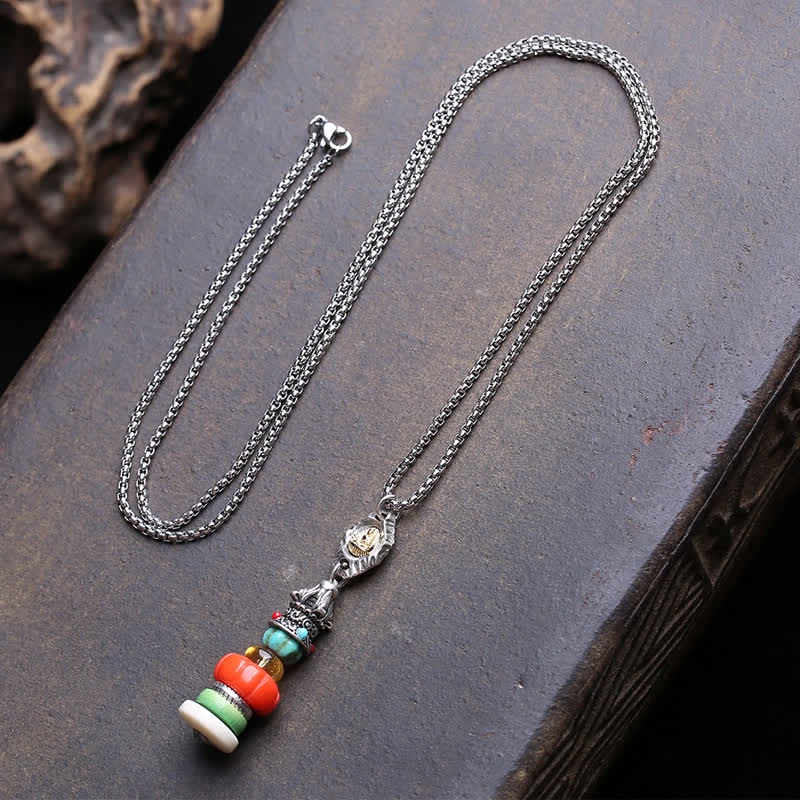 Buddha Stones Tibetan Mani Stone Heap Design Formless Buddha Titanium Steel Multicolor Beaded Protection Necklace - Approx. 7–13mm - image 0