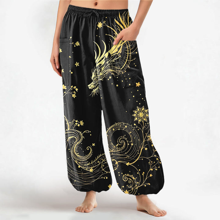Buddha Stones Cotton Golden Dragon Swirl Floral Pattern Women's Elastic Waist Harem Pants With Side Pockets - Black - US16，UK/AU20，EU48 (3XL) - image 0