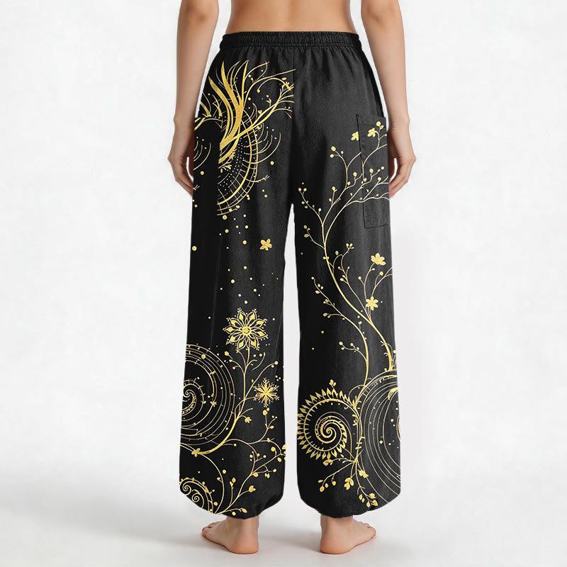 Buddha Stones Cotton Golden Dragon Swirl Floral Pattern Women's Elastic Waist Harem Pants With Side Pockets - image 2
