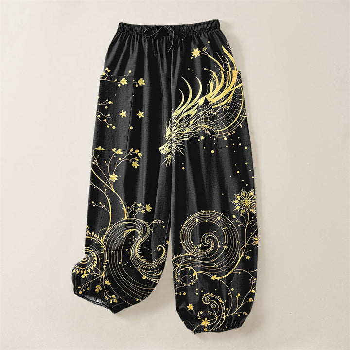 Buddha Stones Cotton Golden Dragon Swirl Floral Pattern Women's Elastic Waist Harem Pants With Side Pockets - image 3