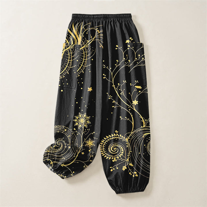Buddha Stones Cotton Golden Dragon Swirl Floral Pattern Women's Elastic Waist Harem Pants With Side Pockets - image 4