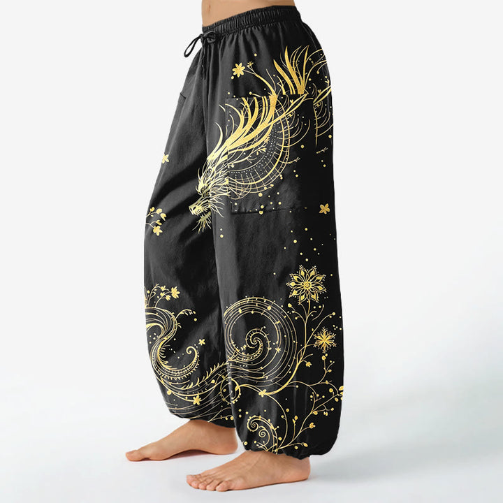 Buddha Stones Cotton Golden Dragon Swirl Floral Pattern Women's Elastic Waist Harem Pants With Side Pockets - image 1