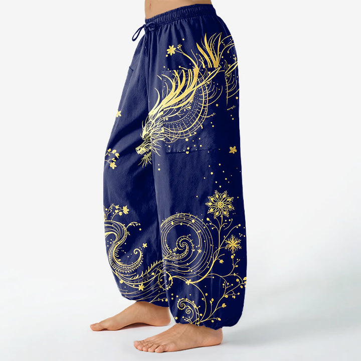 Buddha Stones Cotton Golden Dragon Swirl Floral Pattern Women's Elastic Waist Harem Pants With Side Pockets - image 8