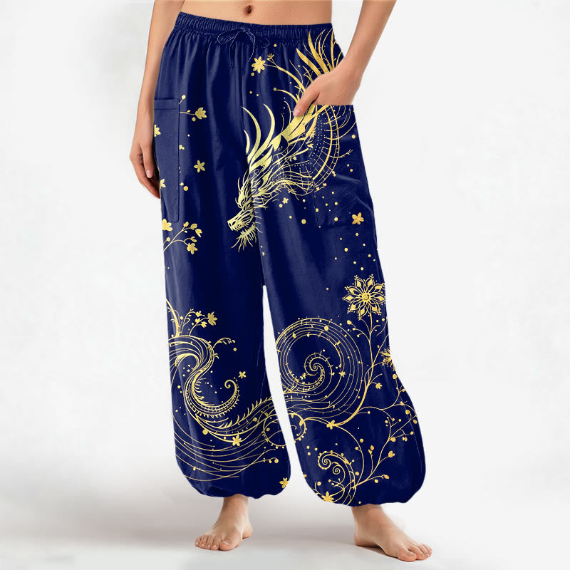 Buddha Stones Cotton Golden Dragon Swirl Floral Pattern Women's Elastic Waist Harem Pants With Side Pockets - Navy - US16，UK/AU20，EU48 (3XL) - image 7