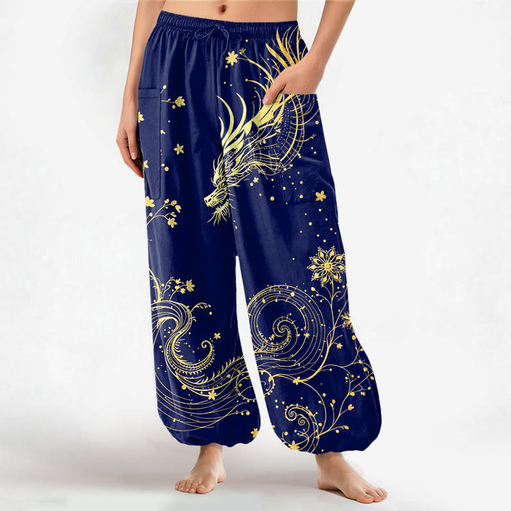Buddha Stones Cotton Golden Dragon Swirl Floral Pattern Women's Elastic Waist Harem Pants With Side Pockets - Navy - US16，UK/AU20，EU48 (3XL) - image 7