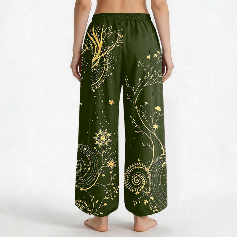 Buddha Stones Cotton Golden Dragon Swirl Floral Pattern Women's Elastic Waist Harem Pants With Side Pockets - image 12