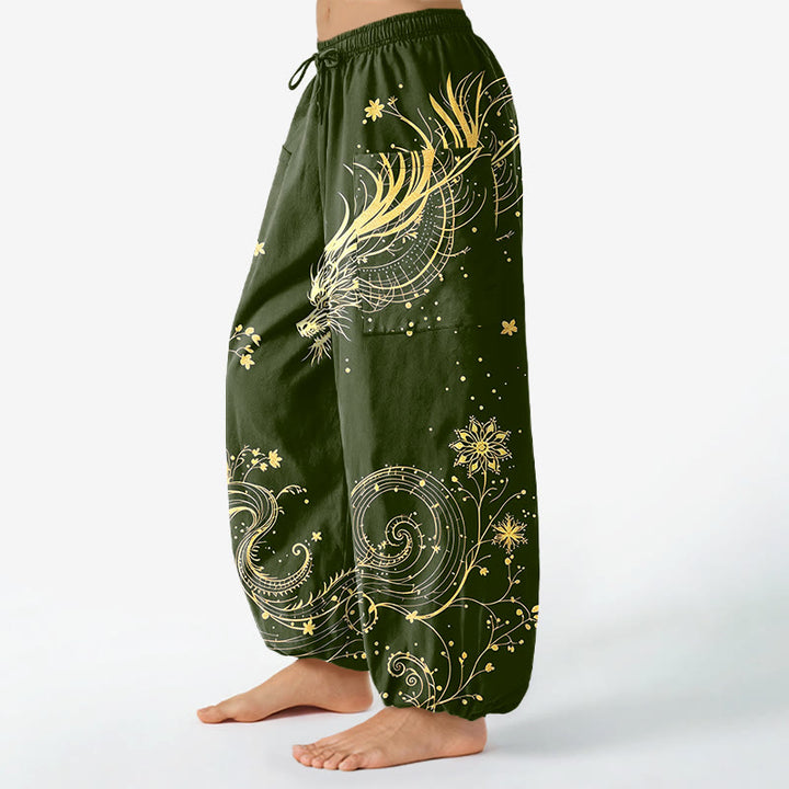 Buddha Stones Cotton Golden Dragon Swirl Floral Pattern Women's Elastic Waist Harem Pants With Side Pockets - image 11