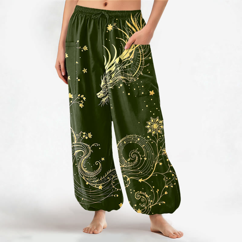 Buddha Stones Cotton Golden Dragon Swirl Floral Pattern Women's Elastic Waist Harem Pants With Side Pockets - DarkOliveGreen - US16，UK/AU20，EU48 (3XL) - image 10