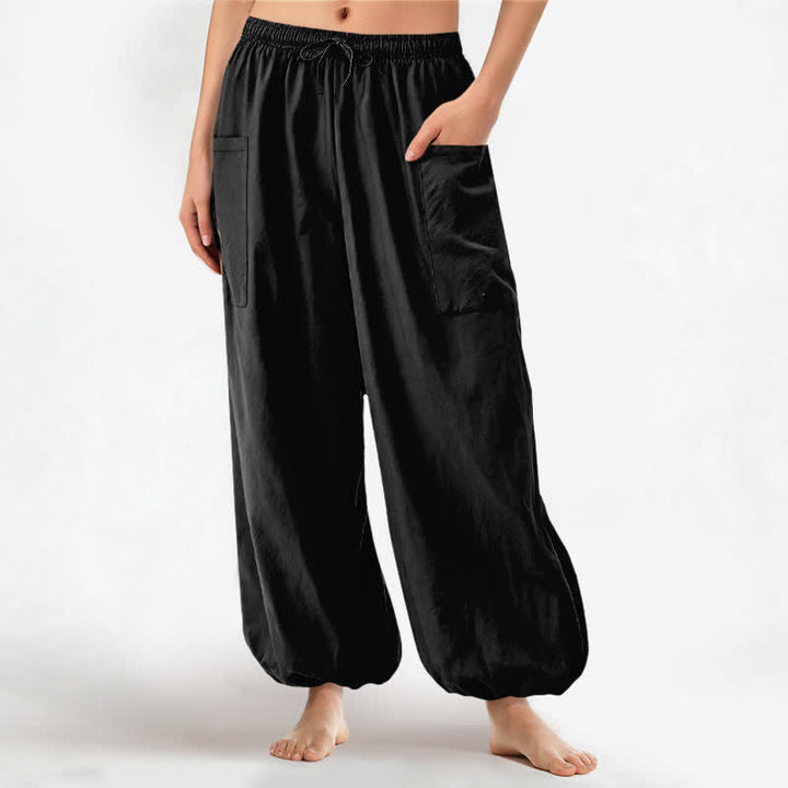 Buddha Stones Cotton Solid Color Minimalist Pattern Women's Elastic Waist Harem Pants With Side Pockets - Black - US16，UK/AU20，EU48 (3XL) - image 0