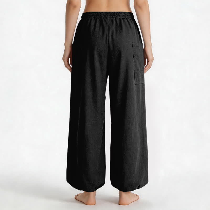 Buddha Stones Cotton Solid Color Minimalist Pattern Women's Elastic Waist Harem Pants With Side Pockets - image 2