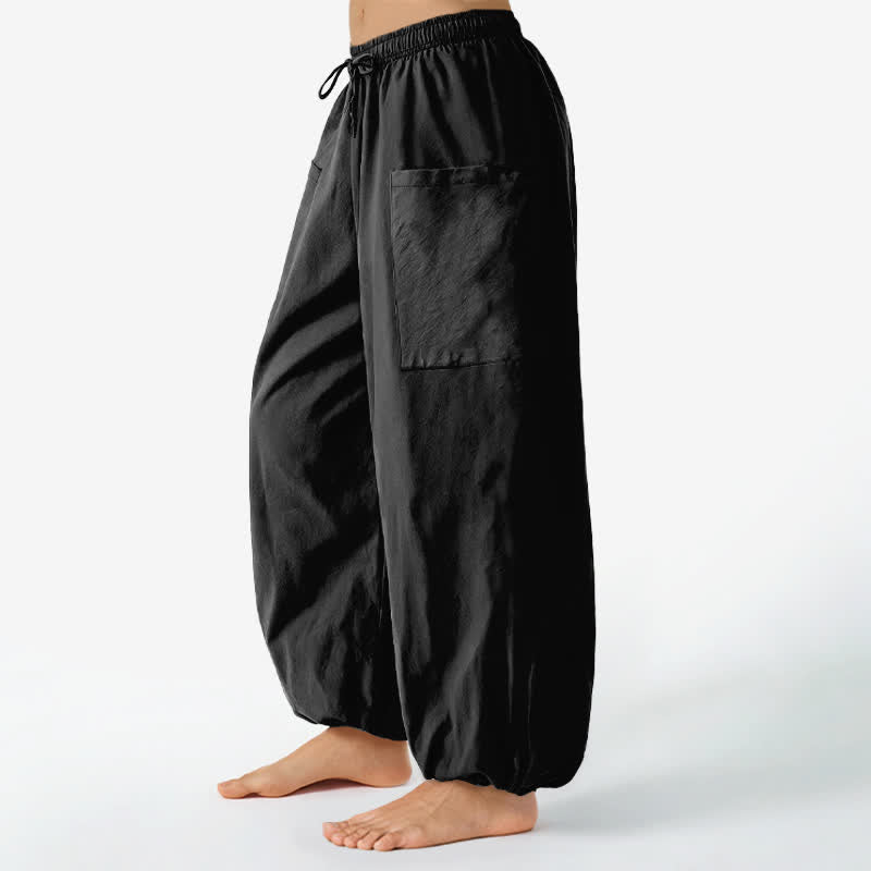 Buddha Stones Cotton Solid Color Minimalist Pattern Women's Elastic Waist Harem Pants With Side Pockets - image 1