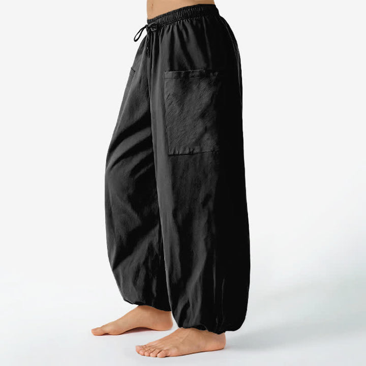 Buddha Stones Cotton Solid Color Minimalist Pattern Women's Elastic Waist Harem Pants With Side Pockets - image 1