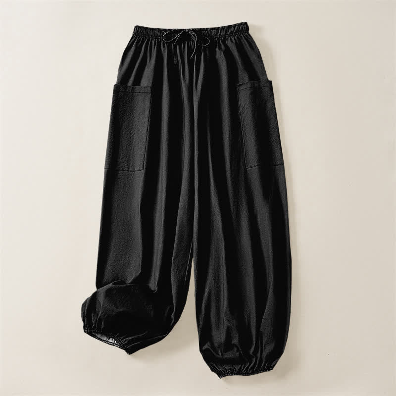 Buddha Stones Cotton Solid Color Minimalist Pattern Women's Elastic Waist Harem Pants With Side Pockets - image 3