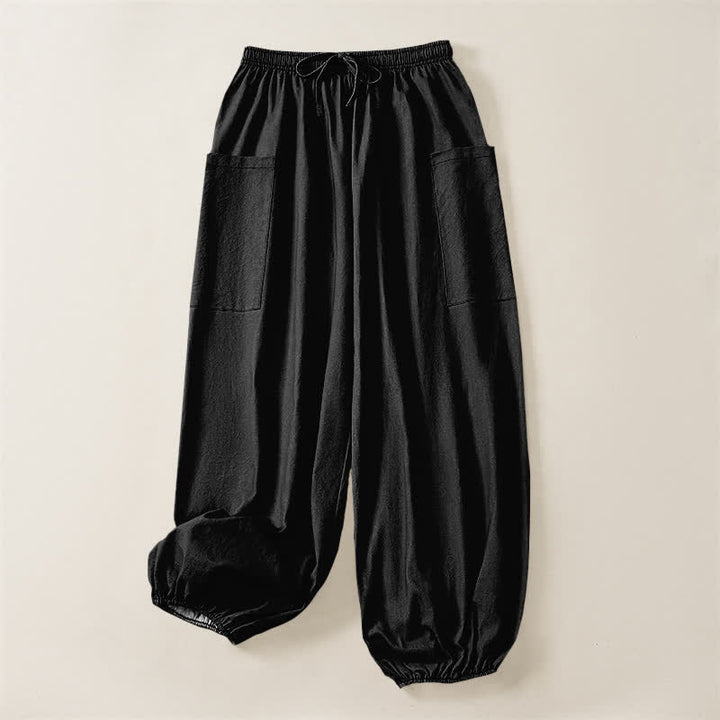 Buddha Stones Cotton Solid Color Minimalist Pattern Women's Elastic Waist Harem Pants With Side Pockets - image 3