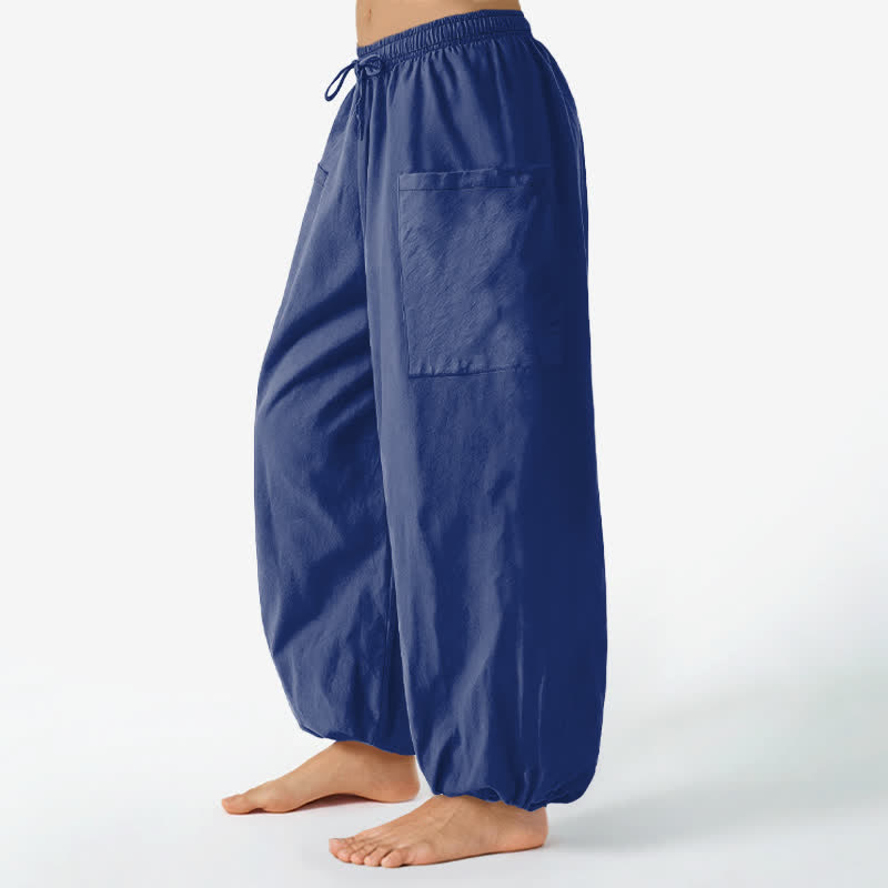 Buddha Stones Cotton Solid Color Minimalist Pattern Women's Elastic Waist Harem Pants With Side Pockets - image 8