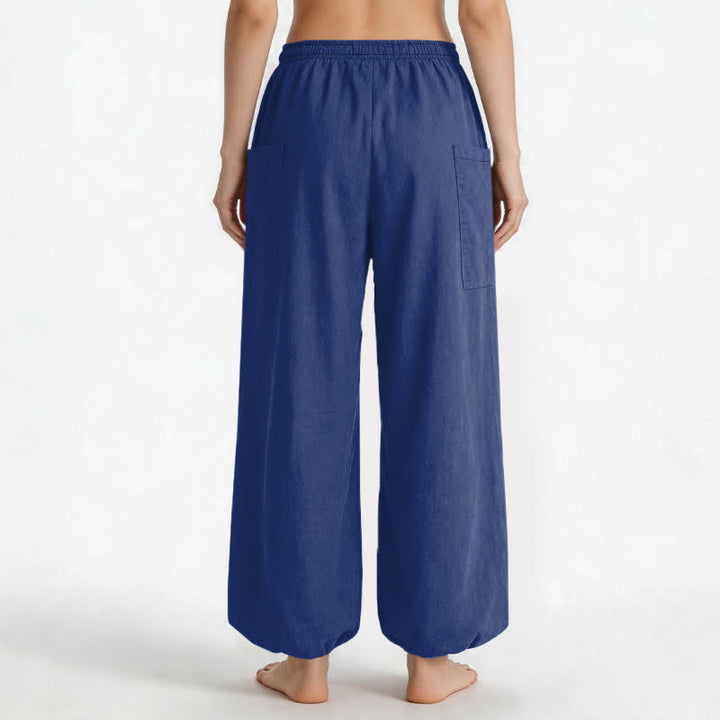 Buddha Stones Cotton Solid Color Minimalist Pattern Women's Elastic Waist Harem Pants With Side Pockets - image 9