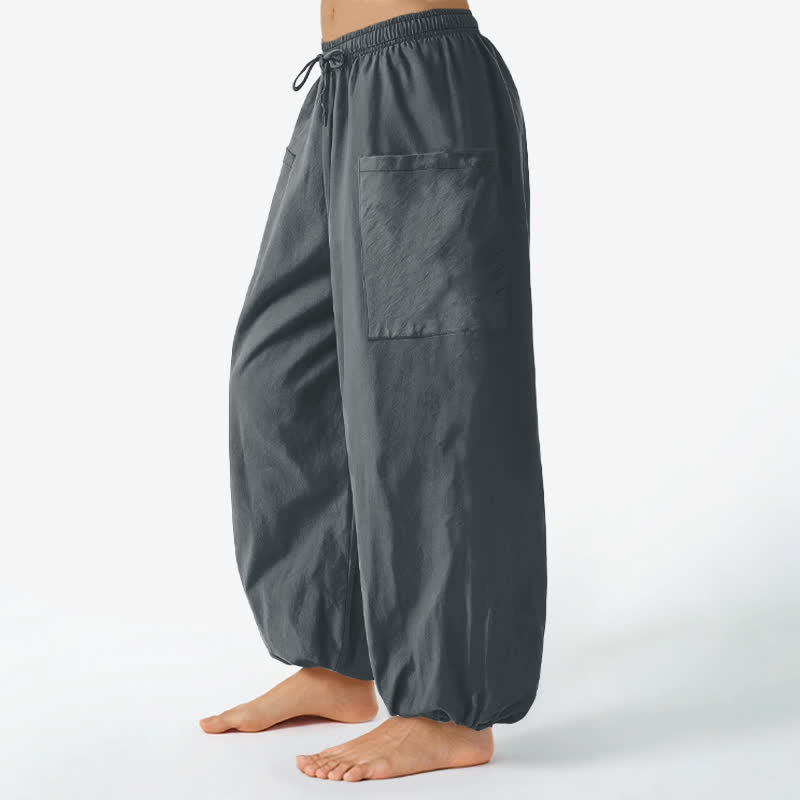 Buddha Stones Cotton Solid Color Minimalist Pattern Women's Elastic Waist Harem Pants With Side Pockets - image 11