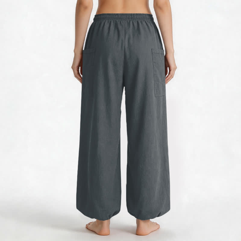 Buddha Stones Cotton Solid Color Minimalist Pattern Women's Elastic Waist Harem Pants With Side Pockets - image 12