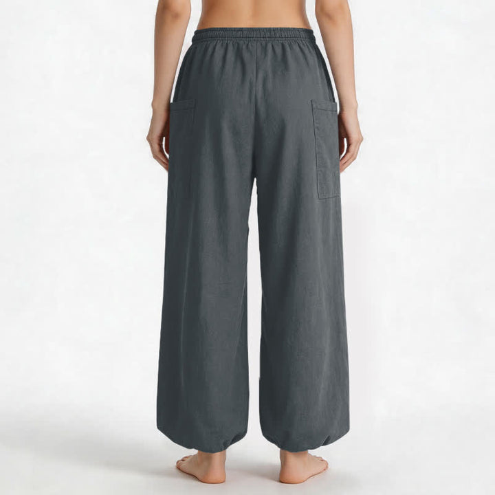 Buddha Stones Cotton Solid Color Minimalist Pattern Women's Elastic Waist Harem Pants With Side Pockets - image 12