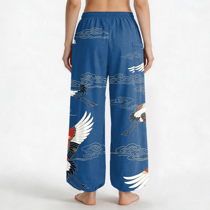 Buddha Stones Cotton Oriental Crane Cloud Pattern Women's Elastic Waist Harem Pants With Side Pockets - image 2