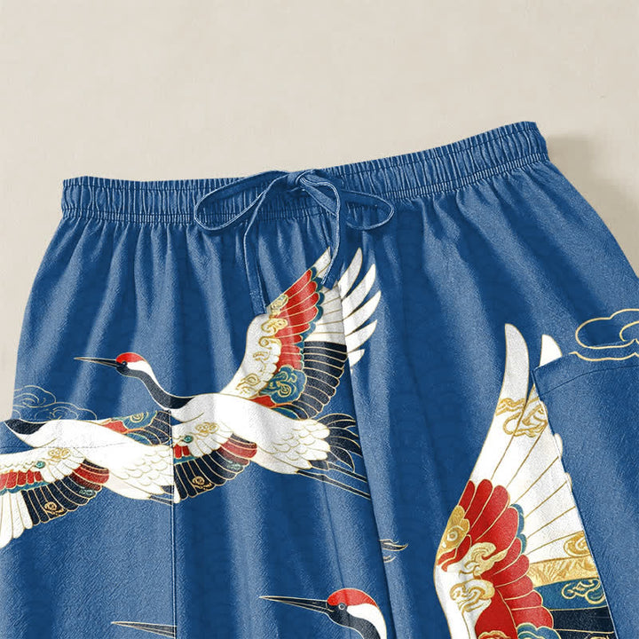 Buddha Stones Cotton Oriental Crane Cloud Pattern Women's Elastic Waist Harem Pants With Side Pockets - image 5