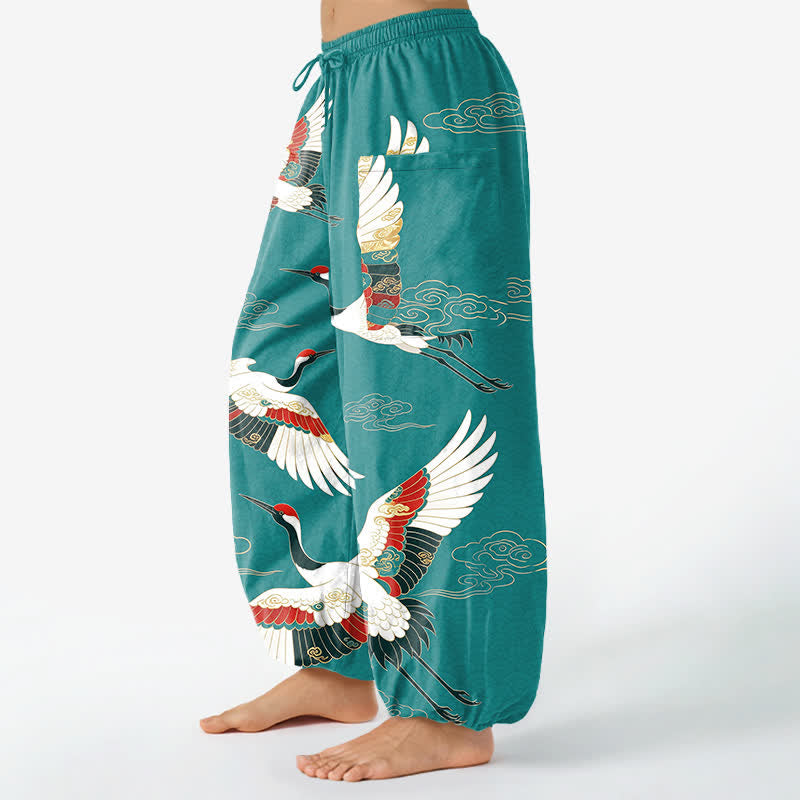 Buddha Stones Cotton Oriental Crane Cloud Pattern Women's Elastic Waist Harem Pants With Side Pockets - image 8