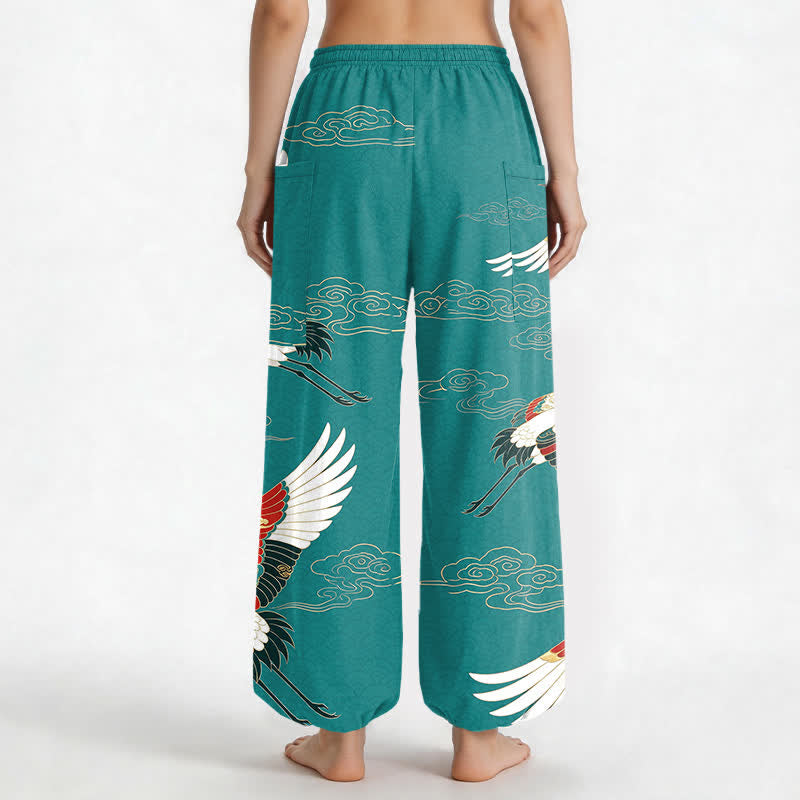 Buddha Stones Cotton Oriental Crane Cloud Pattern Women's Elastic Waist Harem Pants With Side Pockets - image 9