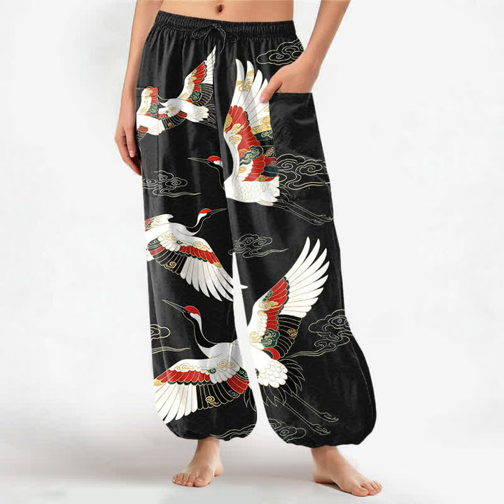 Buddha Stones Cotton Oriental Crane Cloud Pattern Women's Elastic Waist Harem Pants With Side Pockets - Black - US16，UK/AU20，EU48 (3XL) - image 10