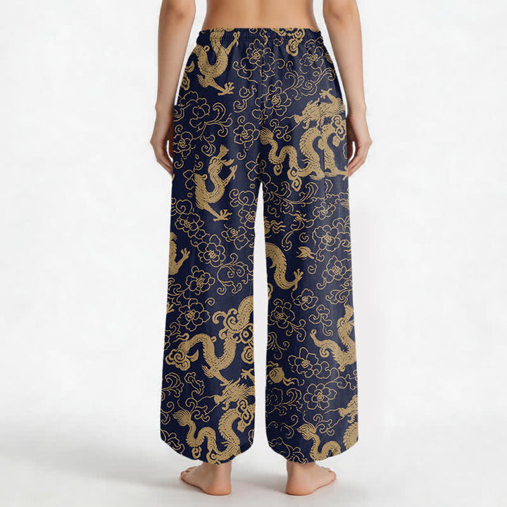 Buddha Stones Cotton Golden Dragon Flower Pattern Women's Elastic Waist Harem Pants With Side Pockets - image 2