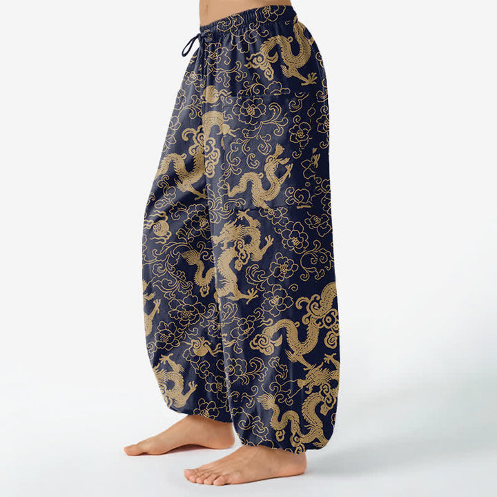 Buddha Stones Cotton Golden Dragon Flower Pattern Women's Elastic Waist Harem Pants With Side Pockets - image 1