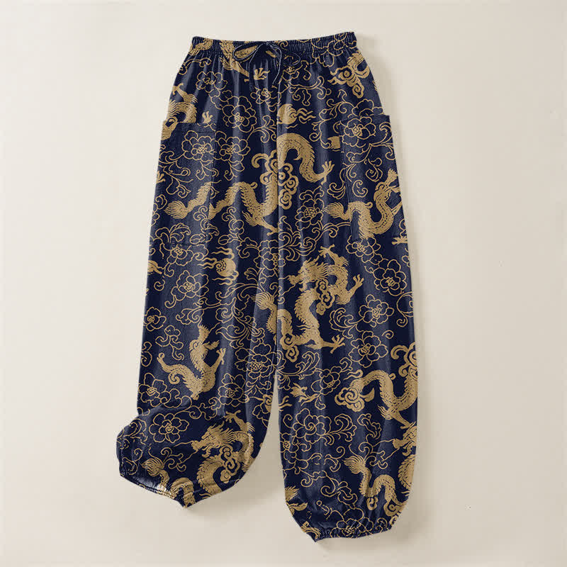 Buddha Stones Cotton Golden Dragon Flower Pattern Women's Elastic Waist Harem Pants With Side Pockets - image 3