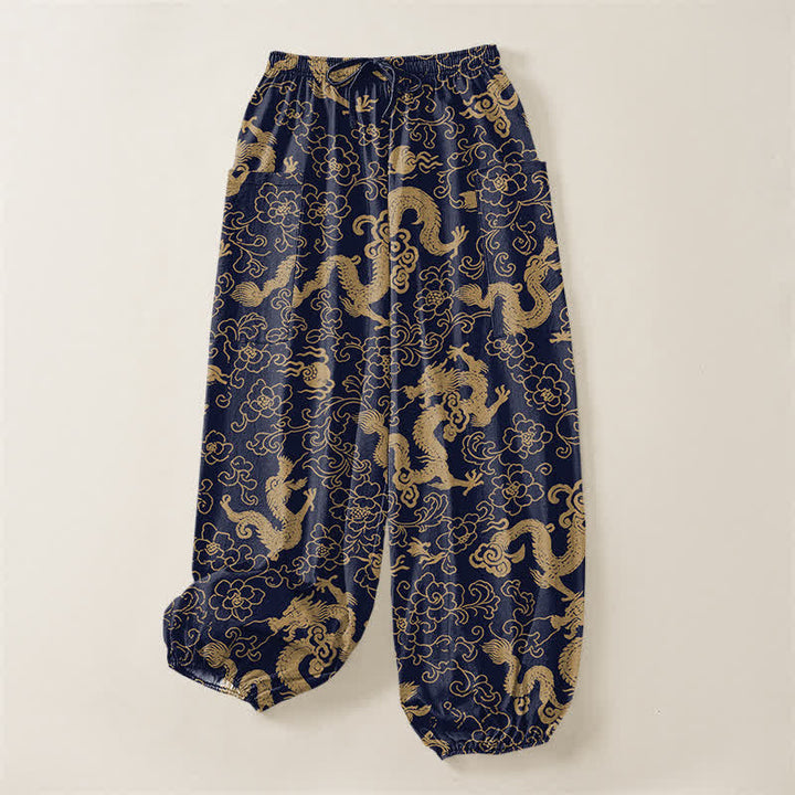 Buddha Stones Cotton Golden Dragon Flower Pattern Women's Elastic Waist Harem Pants With Side Pockets - image 3