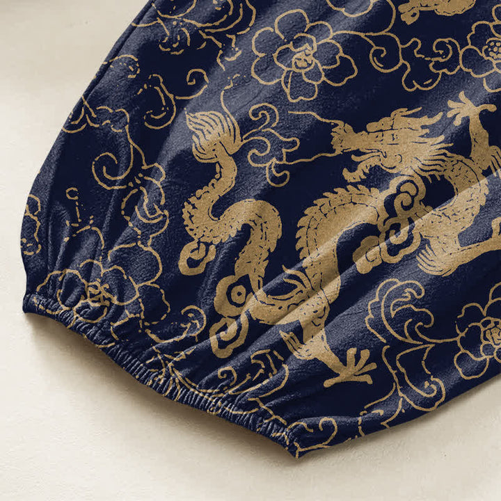 Buddha Stones Cotton Golden Dragon Flower Pattern Women's Elastic Waist Harem Pants With Side Pockets - image 6