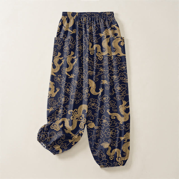 Buddha Stones Cotton Golden Dragon Flower Pattern Women's Elastic Waist Harem Pants With Side Pockets - image 4