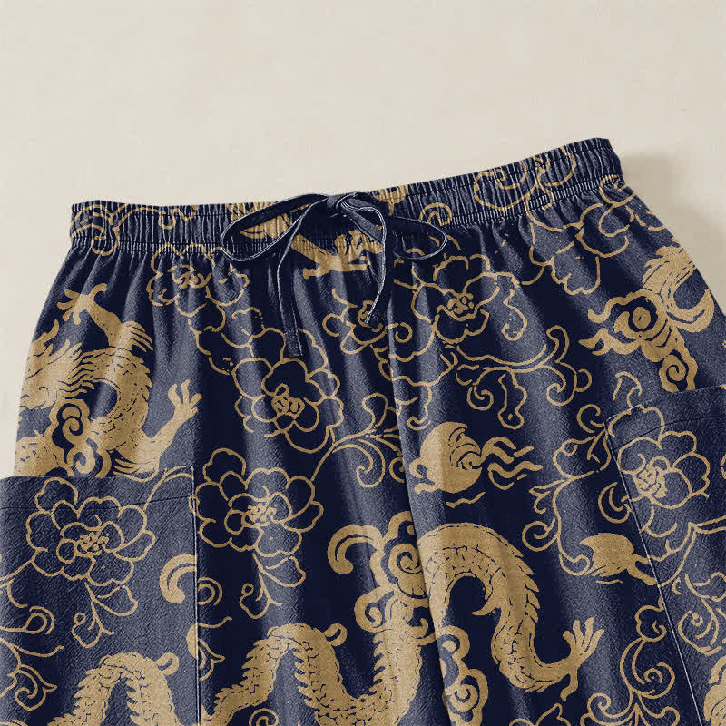Buddha Stones Cotton Golden Dragon Flower Pattern Women's Elastic Waist Harem Pants With Side Pockets - image 5