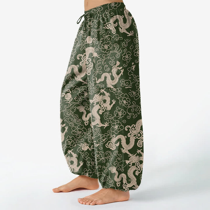 Buddha Stones Cotton Golden Dragon Flower Pattern Women's Elastic Waist Harem Pants With Side Pockets - image 8