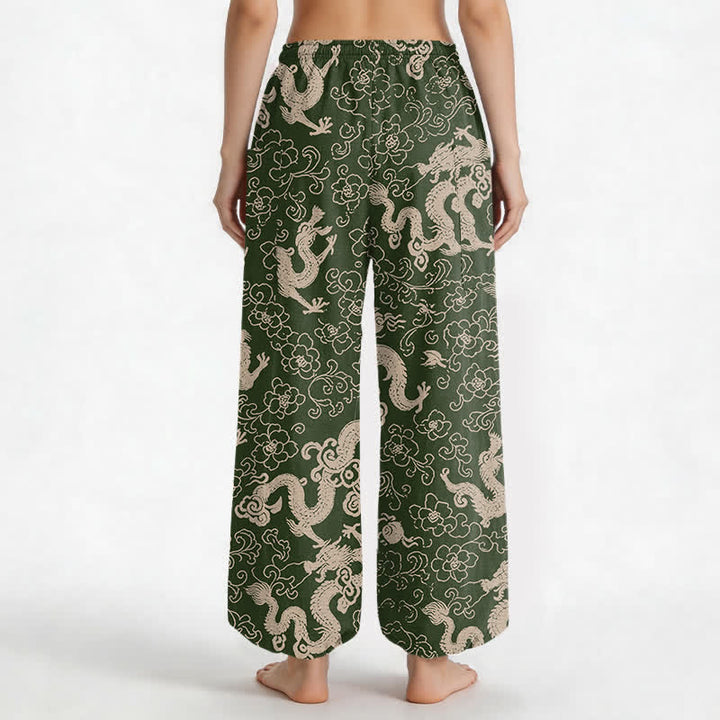 Buddha Stones Cotton Golden Dragon Flower Pattern Women's Elastic Waist Harem Pants With Side Pockets - image 9