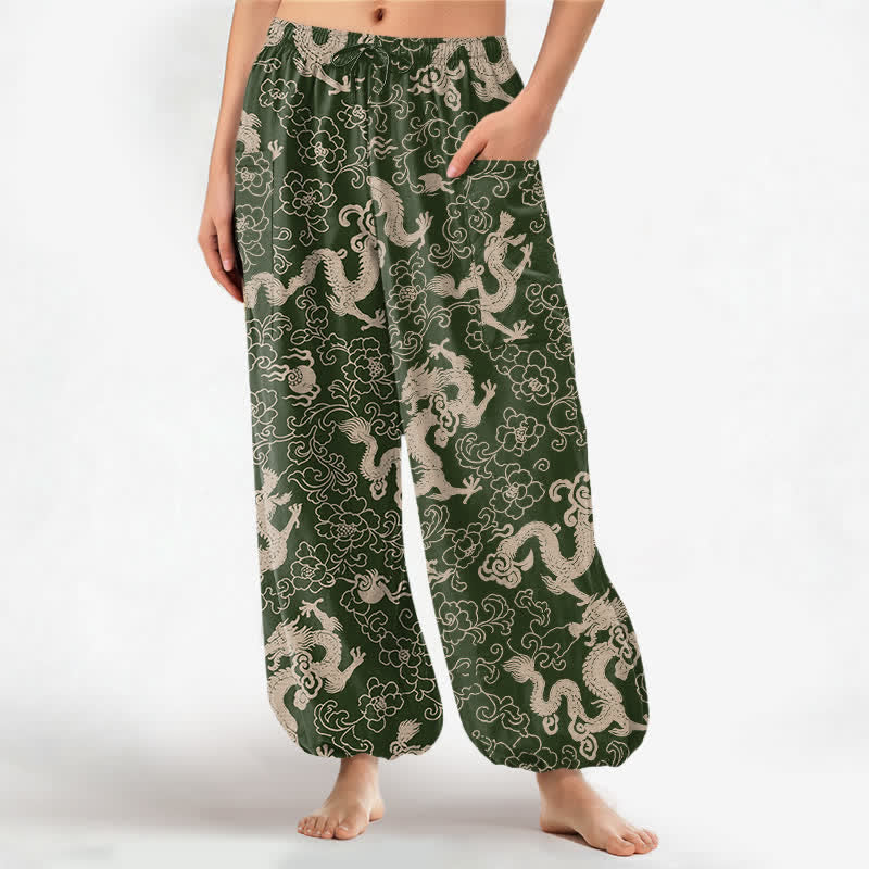 Buddha Stones Cotton Golden Dragon Flower Pattern Women's Elastic Waist Harem Pants With Side Pockets - ForestGreen - US16，UK/AU20，EU48 (3XL) - image 7