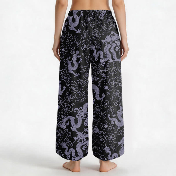 Buddha Stones Cotton Golden Dragon Flower Pattern Women's Elastic Waist Harem Pants With Side Pockets - image 12
