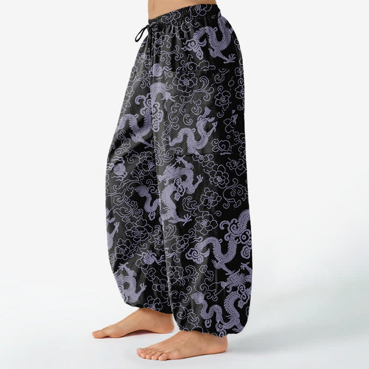 Buddha Stones Cotton Golden Dragon Flower Pattern Women's Elastic Waist Harem Pants With Side Pockets - image 11