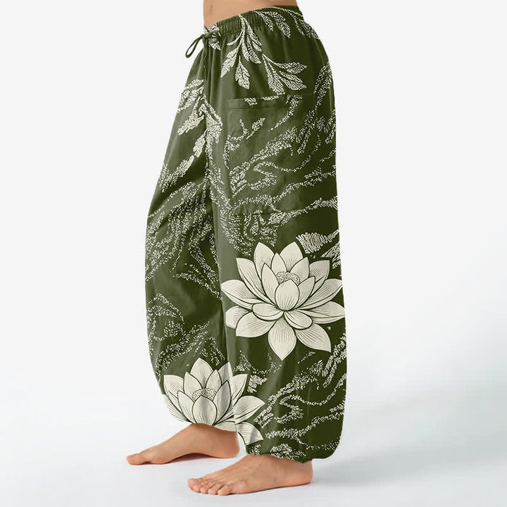 Buddha Stones Cotton Olive Lotus Botanical Pattern Women's Elastic Waist Harem Pants With Side Pockets - image 1