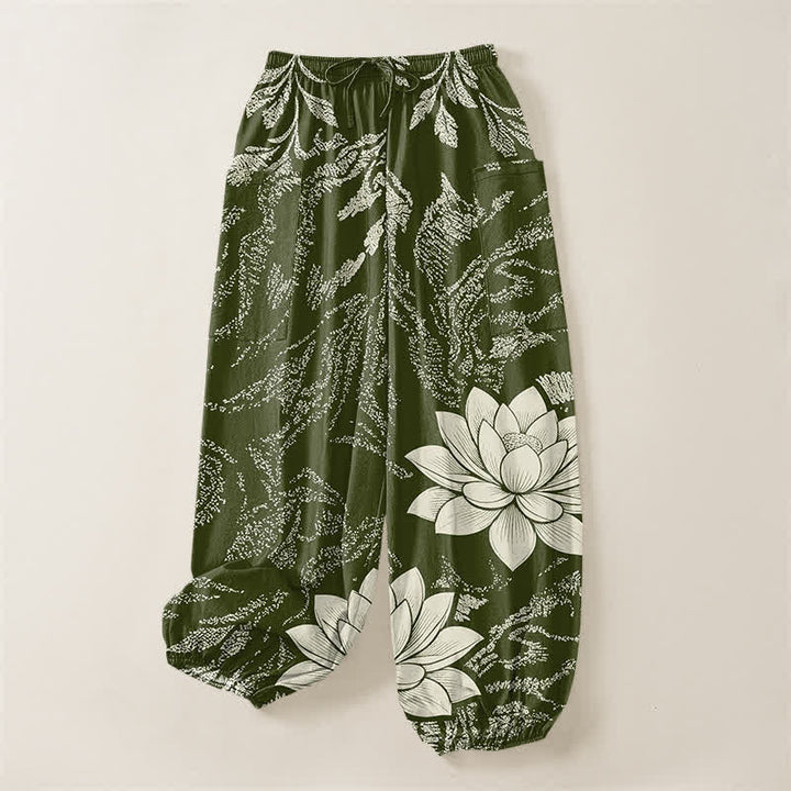 Buddha Stones Cotton Olive Lotus Botanical Pattern Women's Elastic Waist Harem Pants With Side Pockets - image 3