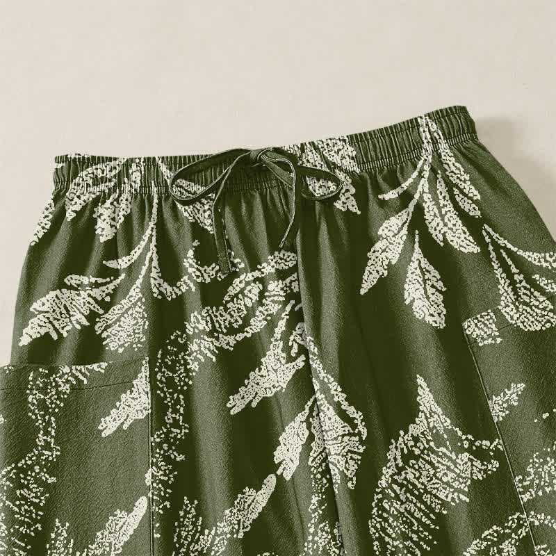 Buddha Stones Cotton Olive Lotus Botanical Pattern Women's Elastic Waist Harem Pants With Side Pockets - image 5