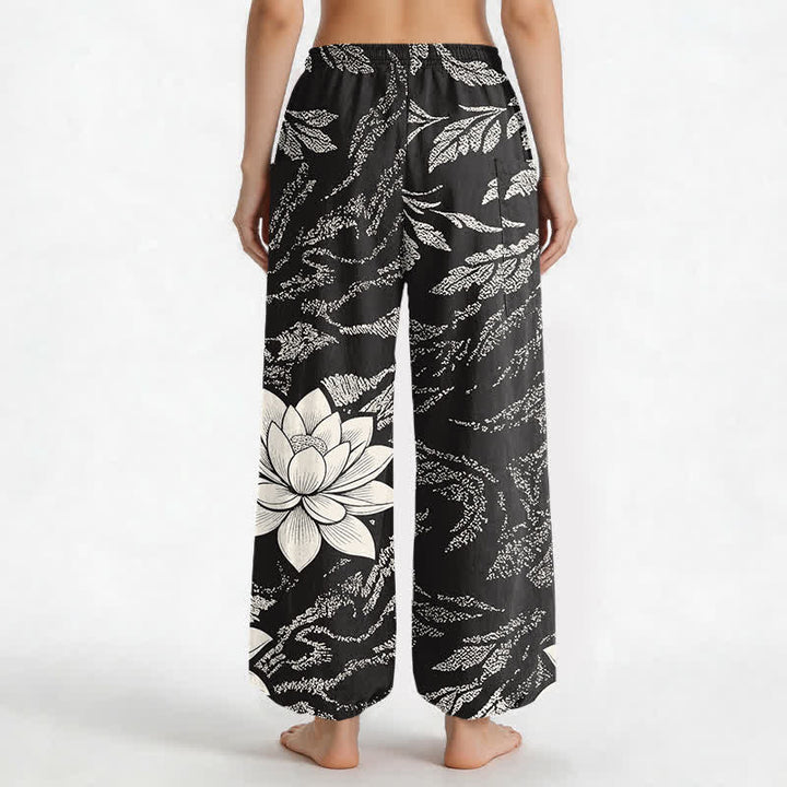 Buddha Stones Cotton Olive Lotus Botanical Pattern Women's Elastic Waist Harem Pants With Side Pockets - image 9
