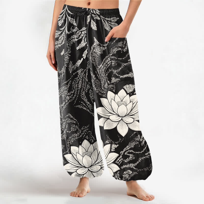 Buddha Stones Cotton Olive Lotus Botanical Pattern Women's Elastic Waist Harem Pants With Side Pockets - Black - US16，UK/AU20，EU48 (3XL) - image 7