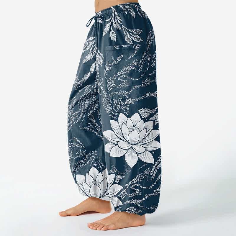 Buddha Stones Cotton Olive Lotus Botanical Pattern Women's Elastic Waist Harem Pants With Side Pockets - image 11