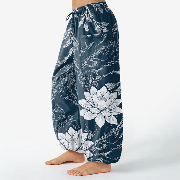 Buddha Stones Cotton Olive Lotus Botanical Pattern Women's Elastic Waist Harem Pants With Side Pockets - image 11