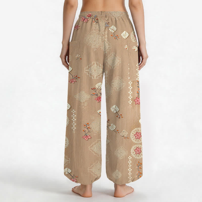 Buddha Stones Cotton Vintage Floral Geometric Pattern Women's Elastic Waist Harem Pants With Side Pockets - image 2