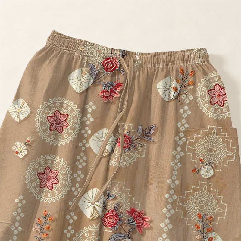 Buddha Stones Cotton Vintage Floral Geometric Pattern Women's Elastic Waist Harem Pants With Side Pockets - image 5